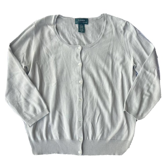 Lauren Ralph Lauren Cardigan Sz L Classic Button Down Light Grey Silk Blend Work - Picture 1 of 11